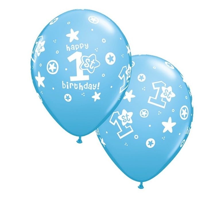 Balony Cyfra 1, 1st HAPPY BIRTHDAY, pastelowe niebieskie