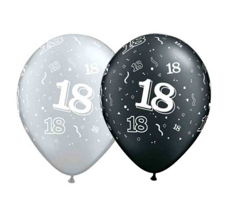 Balony liczba 18, 11 cali czarne i srebrne
