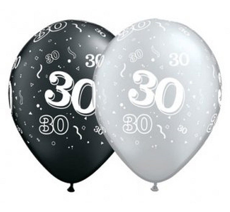 Balony Liczba 30 URODZINY, 11 cali czarne i srebrne