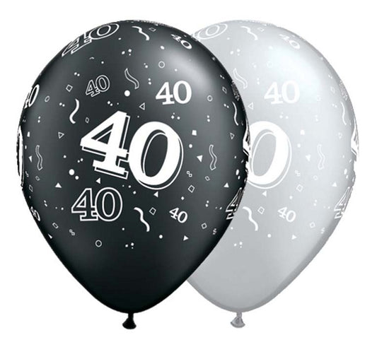 Balony Liczba 40 URODZINY., 11 cali, czarne i srebrne