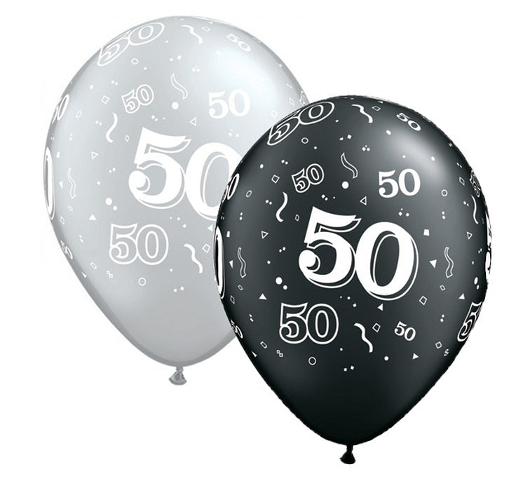 Balony Liczba 50 URODZINY, 11 cali, czarne i srebrne
