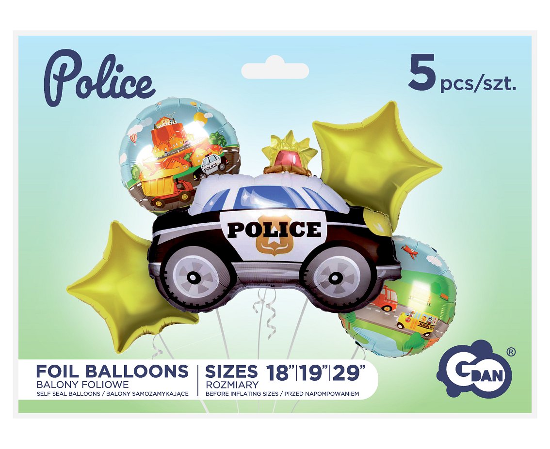 Balony foliowe - zestaw Policja, 5 szt.