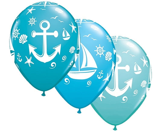 Balony QL 11 cali z nadr. Żaglówka i Kotwica, pastel karaibski niebieskie, błękitne, morskie