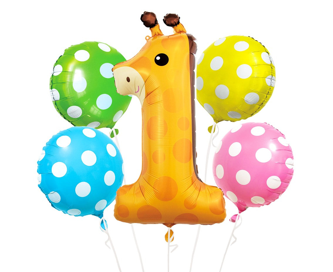 Balon foliowy Cyfra 1 Żyrafa, Roczek, zestaw 5 balonów