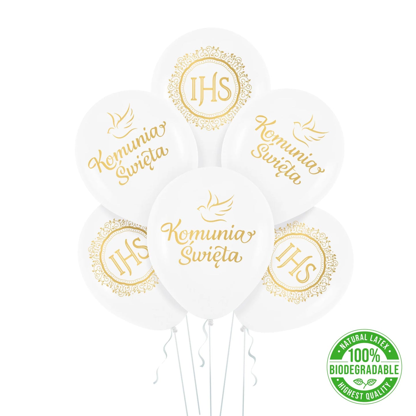 Balony Komunia Święta IHS biało-złote 30 cm (12”) – zestaw 6 szt.