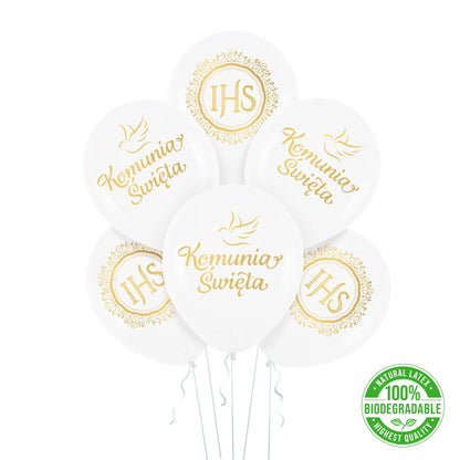 Balony Komunia Święta IHS biało-złote 30 cm (12”) – zestaw 6 szt.