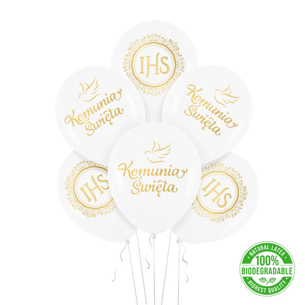 Balony Komunia Święta IHS biało-złote 30 cm (12”) – zestaw 6 szt.
