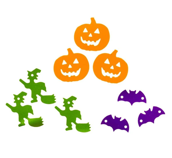 Konfetti Halloween – 3 wzory: zielone wiedźmy pomarańczowe dynie fioletowe nietoperze 21 g - Party Decorations
