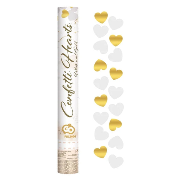 Konfetti pneumatyczne Złote i białe serduszka foliowe i papierowe , 40 cm