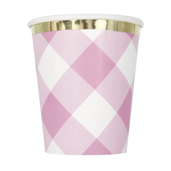 Kubeczki papierowe Gingham, różowe ze złotą obwódką, 270 ml, 8 szt.