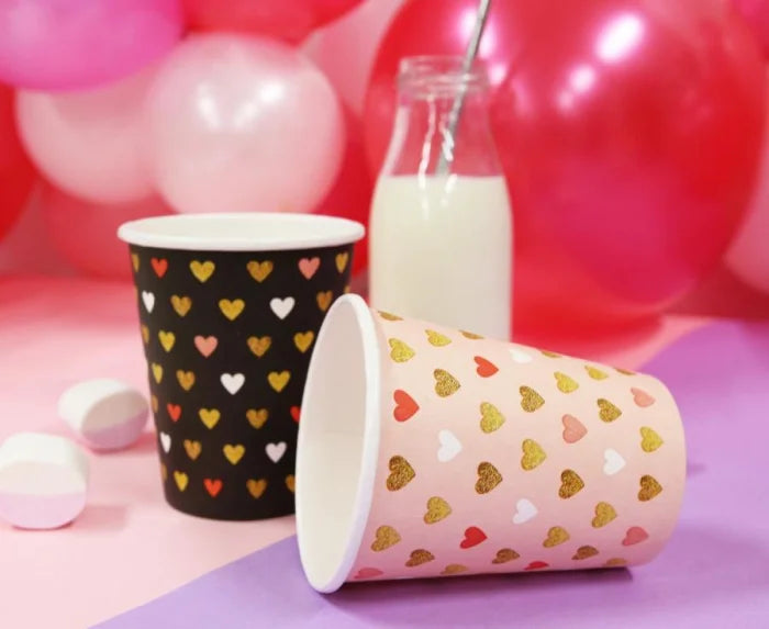 Kubeczki papierowe w serduszka – różowe | 250 ml | 6 szt. - Disposable Cups