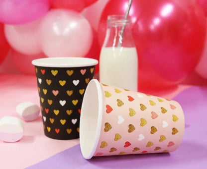 Kubeczki papierowe w serduszka – różowe | 250 ml | 6 szt. - Disposable Cups