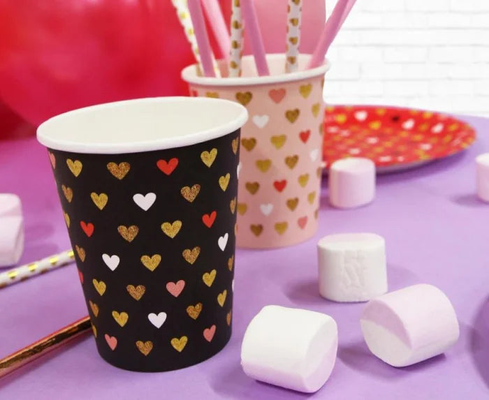 Kubeczki papierowe w serduszka – różowe | 250 ml | 6 szt. - Disposable Cups
