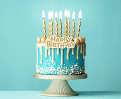 łote świeczki urodzinowe na tort z podstawkami + piker Happy Birthday – 16 szt.