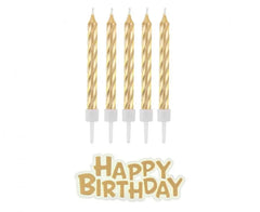 łote świeczki urodzinowe na tort z podstawkami + piker Happy Birthday – 16 szt.