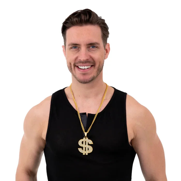 Naszyjnik – złoty łańcuszek ze znakiem dolara z cyrkoniami - Costume Accessories