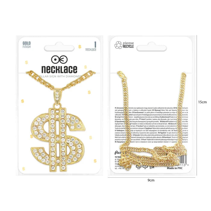 Naszyjnik – złoty łańcuszek ze znakiem dolara z cyrkoniami - Costume Accessories