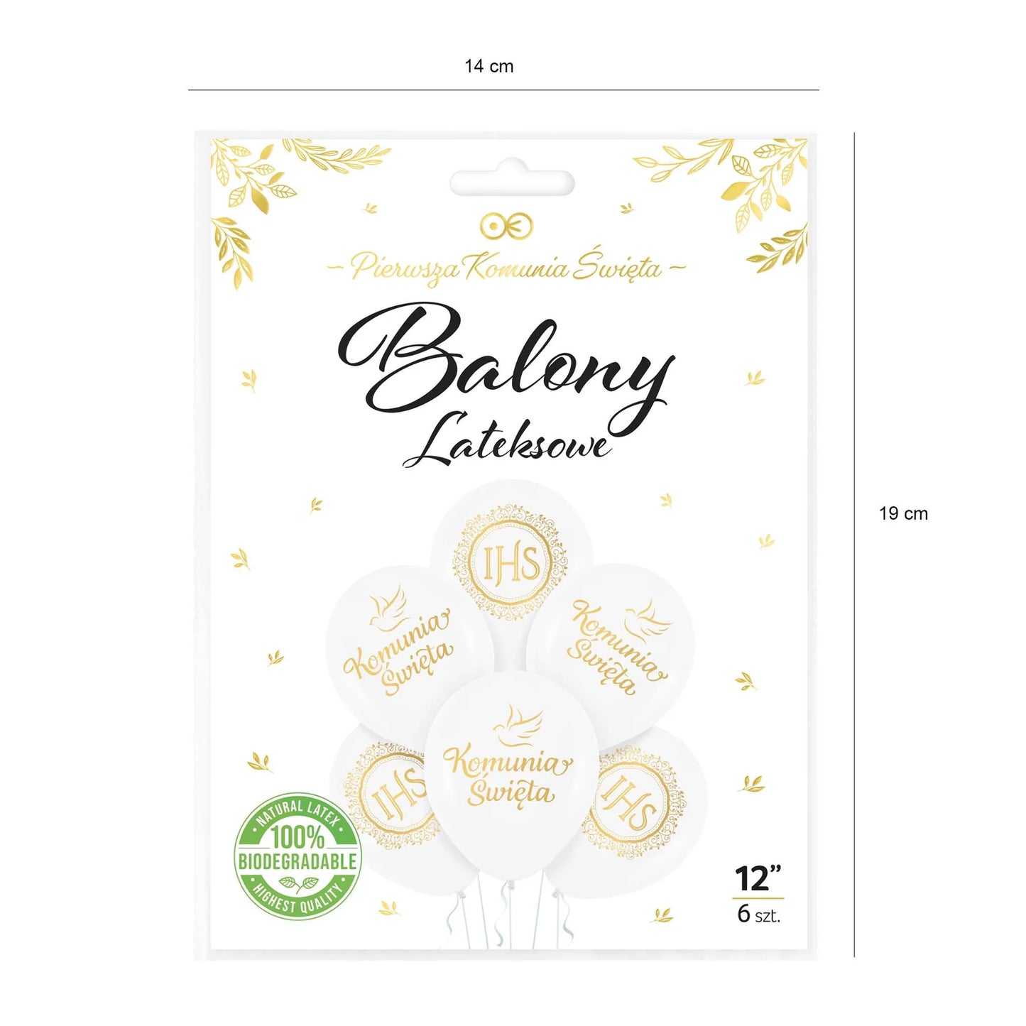 Balony Komunia Święta IHS biało-złote 30 cm (12”) – zestaw 6 szt.
