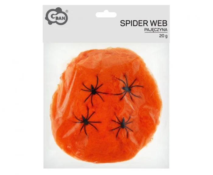 Pajęczyna dekoracyjna pomarańczowa z 4 pająkami – 20 g - Party Decorations