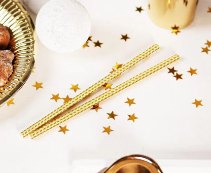 Papierowe rurki (słomki) ze złotymi szlaczkami – 197 mm 12 szt. - Party Supplies