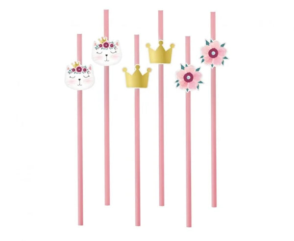 Papierowe słomki „Kotek Party” – różowo-złote (6 szt.)