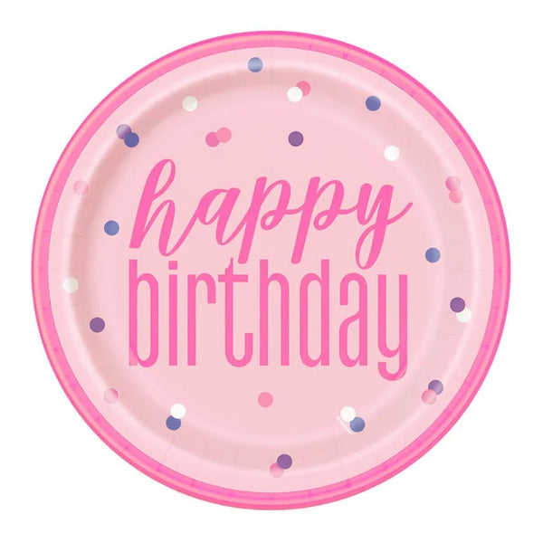 Papierowe Talerzyki Urodzinowe Glitz "Happy Birthday" – 23 cm, Różowy/Srebrny, 8 szt.