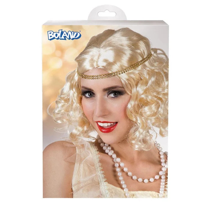 Peruka Flapper Retro, kręcone blond loki z opaską