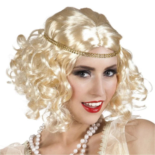 Peruka Flapper Retro, kręcone blond loki z opaską