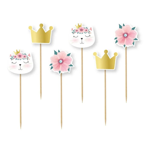 Piki Party "Kotek" – Zestaw 6 Sztuk, 11 cm – Białe, Złote i Różowe Dekoracje na Torty