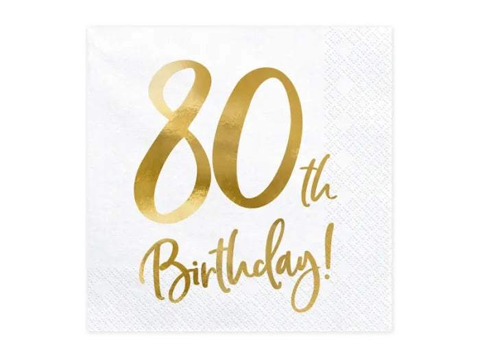 Serwetki „80th Birthday” – Białe ze Złotym Napisem 33x33 cm