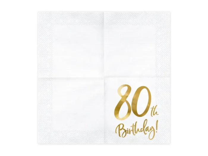 Serwetki „80th Birthday” – Białe ze Złotym Napisem 33x33 cm