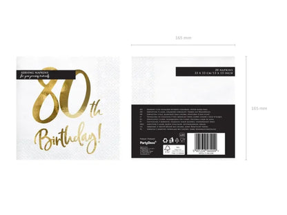 Serwetki „80th Birthday” – Białe ze Złotym Napisem 33x33 cm
