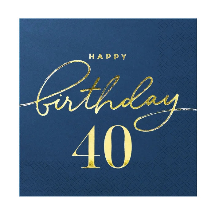 Serwetki Happy Birthday granatowe – 10 szt. 33 × 33 cm (warianty: 18 / 30 / 40 / 50 / 60) - Happy Birthday 40 - Napkins