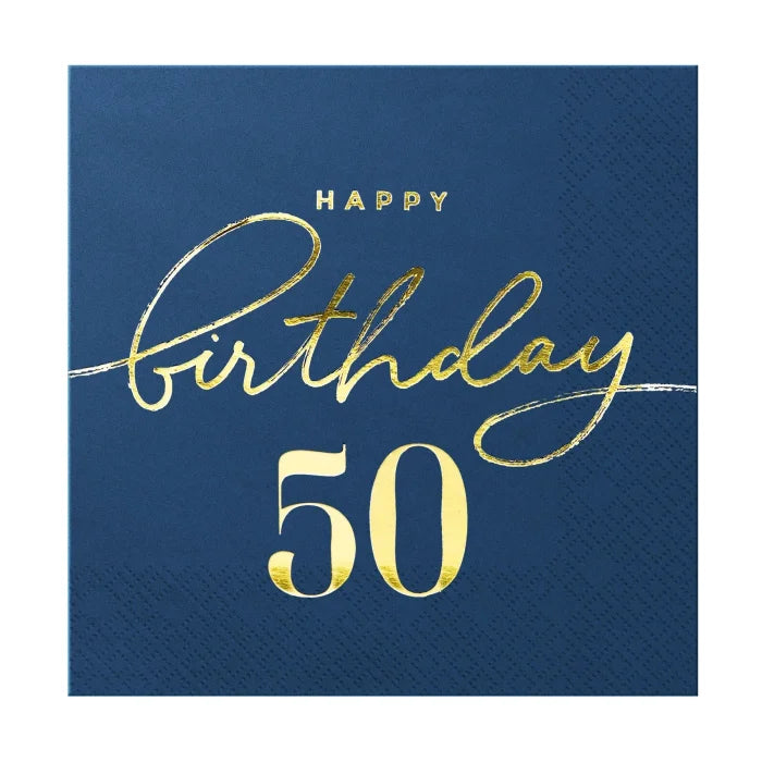 Serwetki Happy Birthday granatowe – 10 szt. 33 × 33 cm (warianty: 18 / 30 / 40 / 50 / 60) - Happy Birthday 50 - Napkins