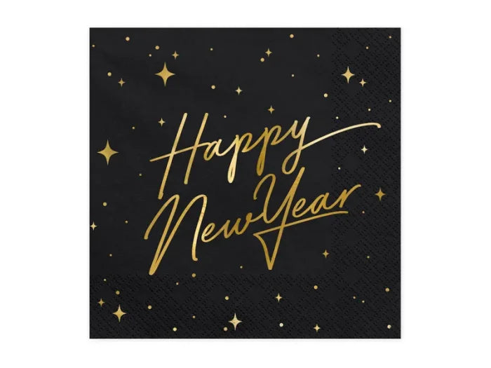 Serwetki Happy New Year czarne 33 × 33 cm (20 szt.) - Napkins