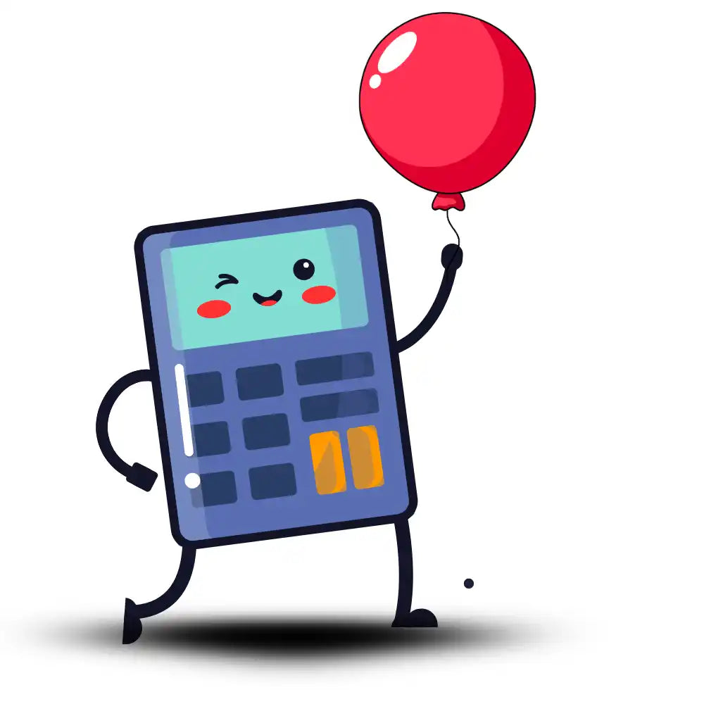 Słodki kalkulator mrugający oczkiem z czerwonym balonem.