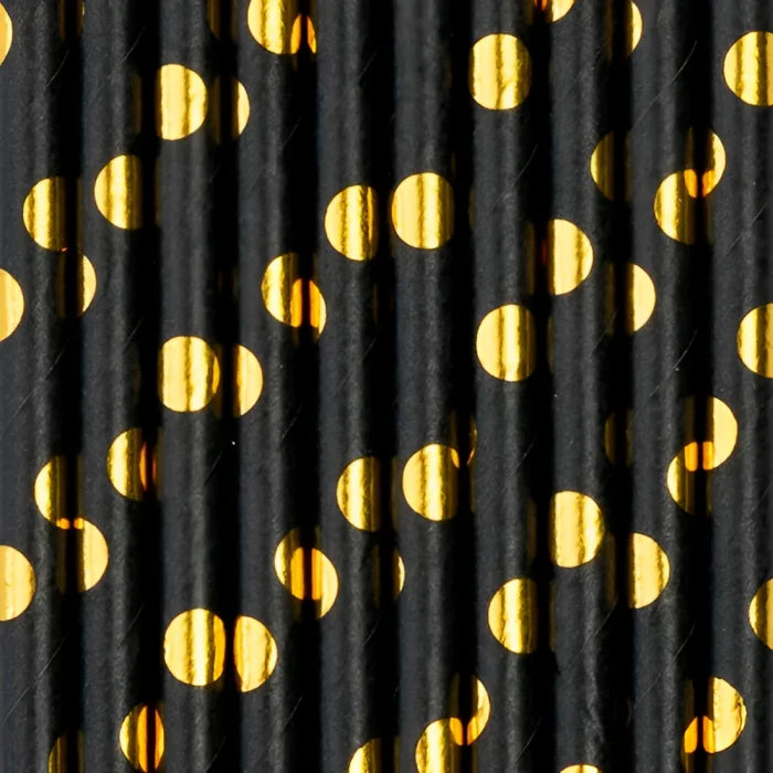 Słomki czarne w złote kropki – 10 szt. długość 20 cm - Party Supplies