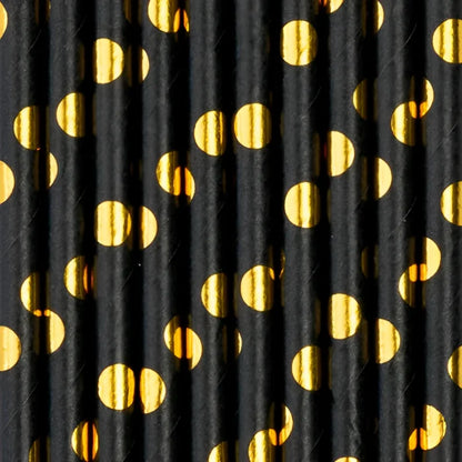 Słomki czarne w złote kropki – 10 szt. długość 20 cm - Party Supplies