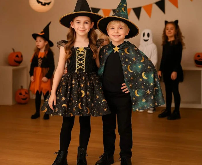 Strój czarna czarownica dla dzieci 110–140 cm (4–10 lat) – sukienka i kapelusz - Costumes