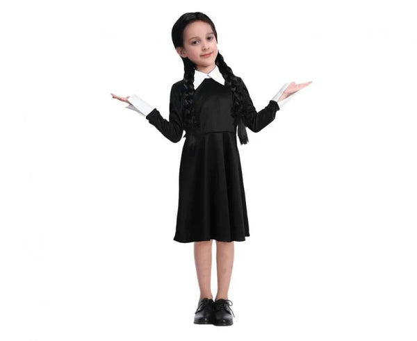 Strój dla dzieci Wednesday Addams – czarna sukienka z kołnierzem rozm. 110/120 130/140 cm - Costumes