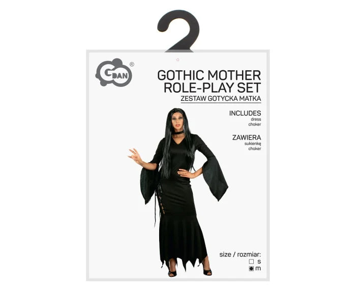 Strój Gotyckiej Matki dla dorosłych M – Morticia Addams sukienka z chokerem - Costumes