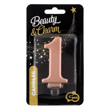 Świeczka cyfra 1 urodziny, metalik różowo-złota, 8 cm