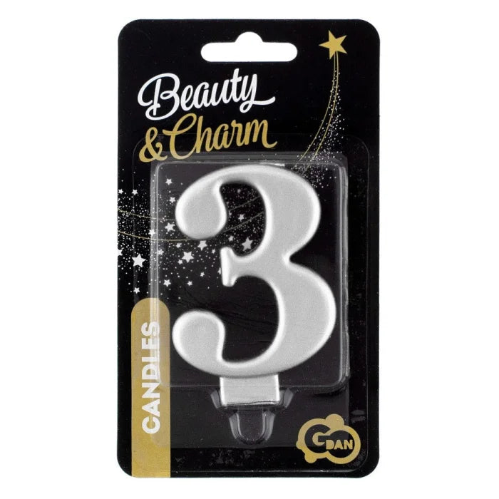 Świeczka cyfra 3 urodziny, metalik srebrna, 8 cm