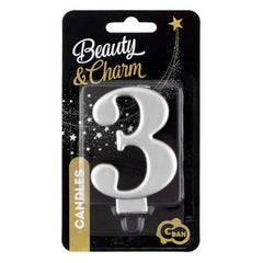 Świeczka cyfra 3 urodziny, metalik srebrna, 8 cm