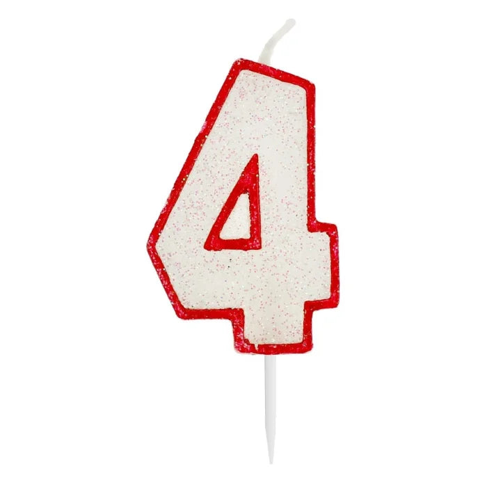 Świeczka cyfra 4 urodziny, CZERWONA brokat