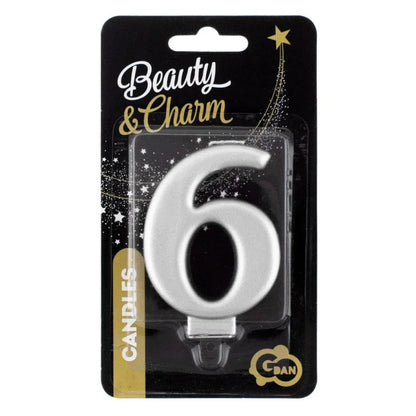 Świeczka cyfra 6 urodziny, metalik srebrna, 8 cm