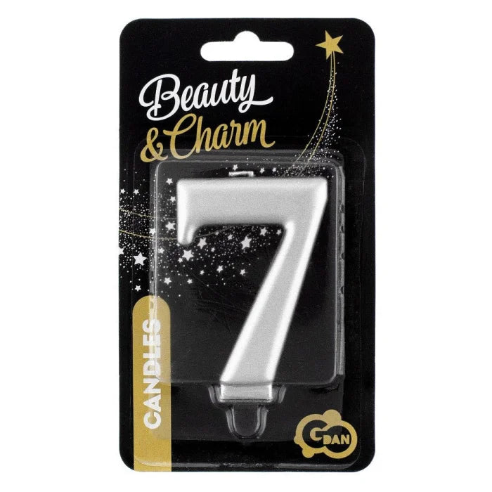 Świeczka cyfra 7 urodziny, metalik srebrna, 8 cm