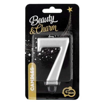 Świeczka cyfra 7 urodziny, metalik srebrna, 8 cm