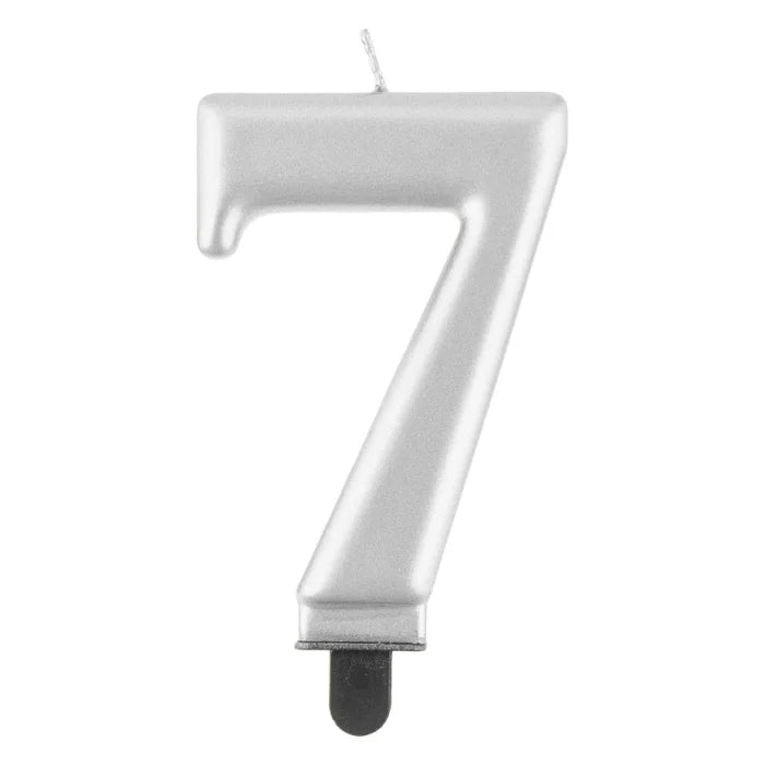 Świeczka cyfra 7 urodziny, metalik srebrna, 8 cm