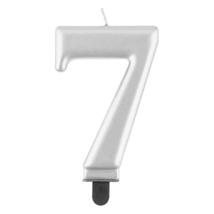 Świeczka cyfra 7 urodziny, metalik srebrna, 8 cm